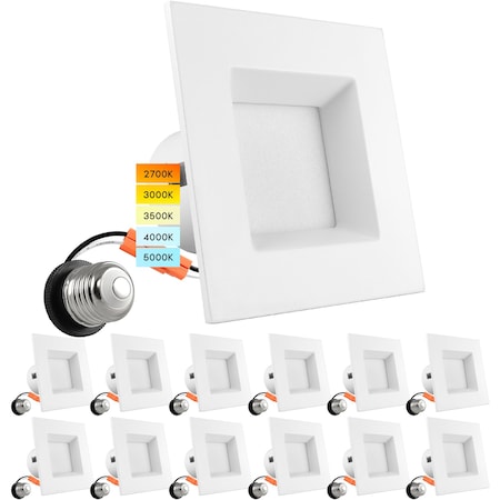 Luxrite 4 Inch Square LED Recessed Can Lights 5 CCT Selectable 2700K-5000K 11W 750LM Dimmable 12-Pack LR23785-12PK